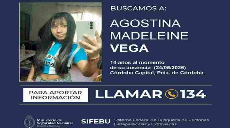 Activan Alerta Sofía para dar con el paradero de Agostina Vega en Córdoba