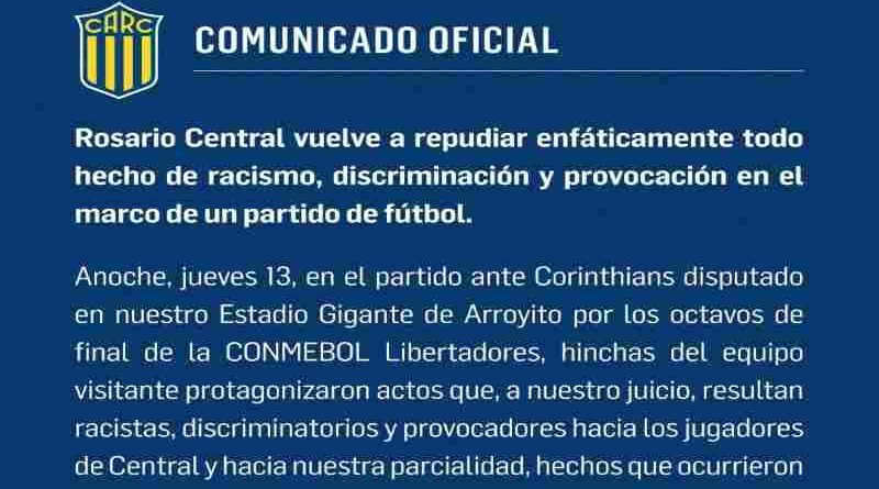 Tras las denuncias por racismo de Corinthians, Central denunció provocaciones de parte los hinchas del equipo brasileño
