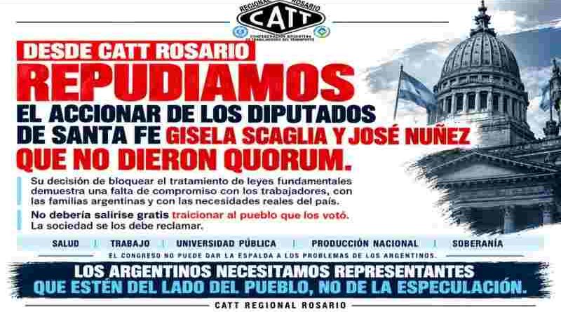 Fuerte repudio de la CATT a Scaglia y Núñez por no bajar al recinto: “traicionaron al pueblo que los votó”